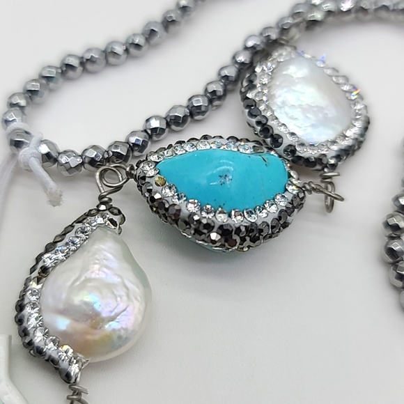 $125 NWTS Iris & Lily London UK Freshwater Pearl & Enhanced Turquoise Beaded Nk - Picture 3 of 8